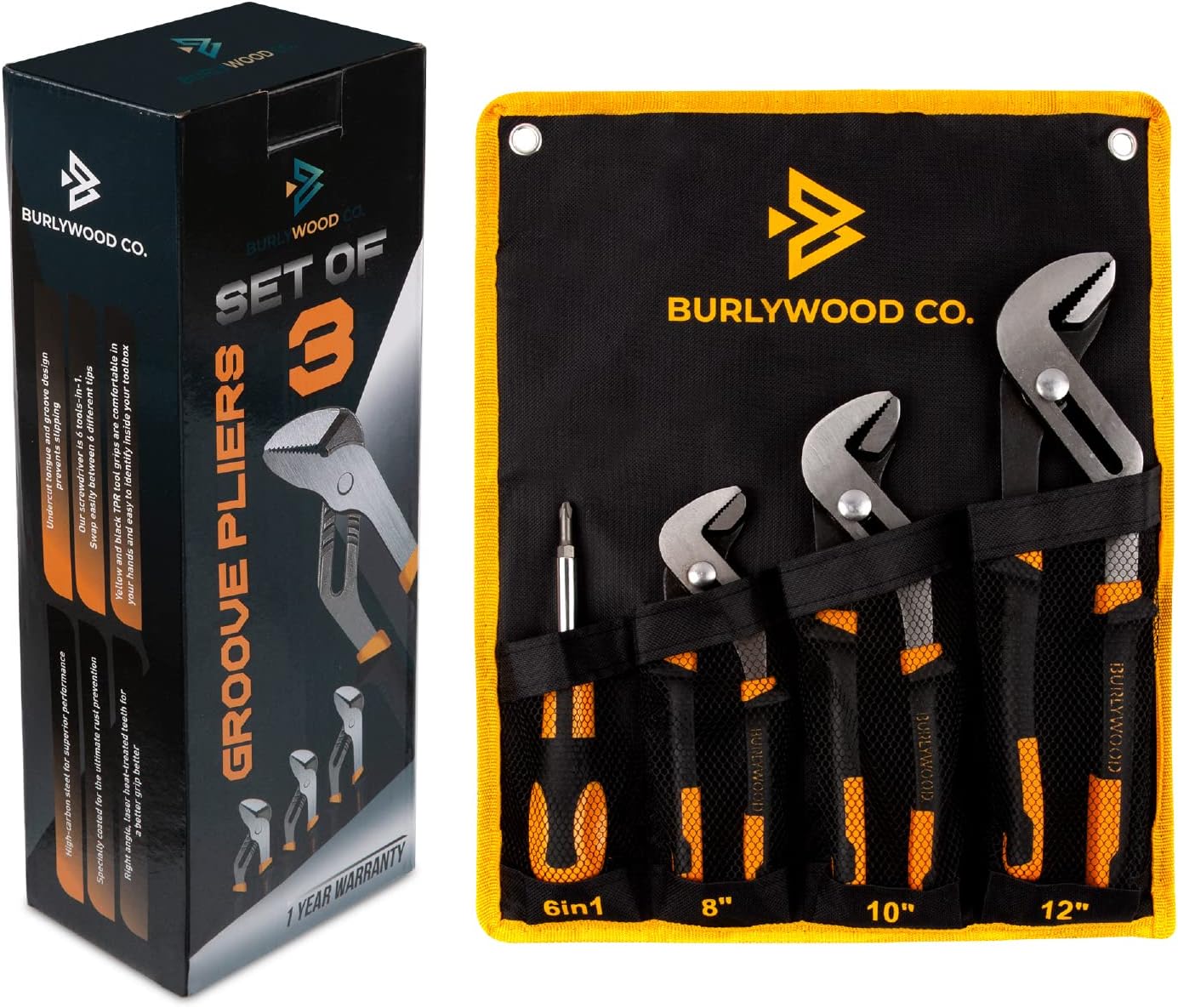 Burlywood Co. Groove Joint Pliers - 3 Piece High Carbon Steel Tongue and Groove Pliers Set