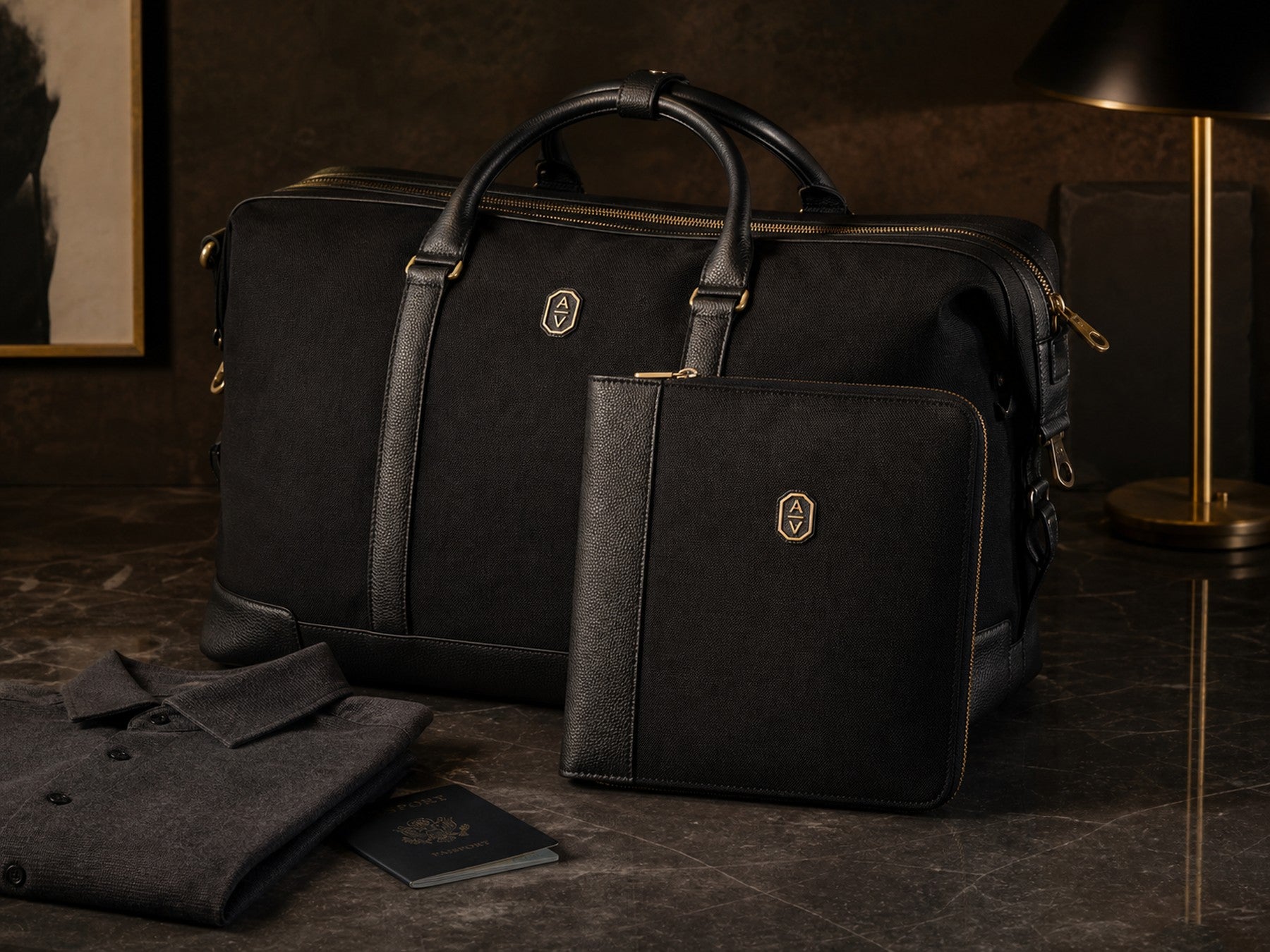 The Weekender and Tech Folio shown together as a matching premium travel system.