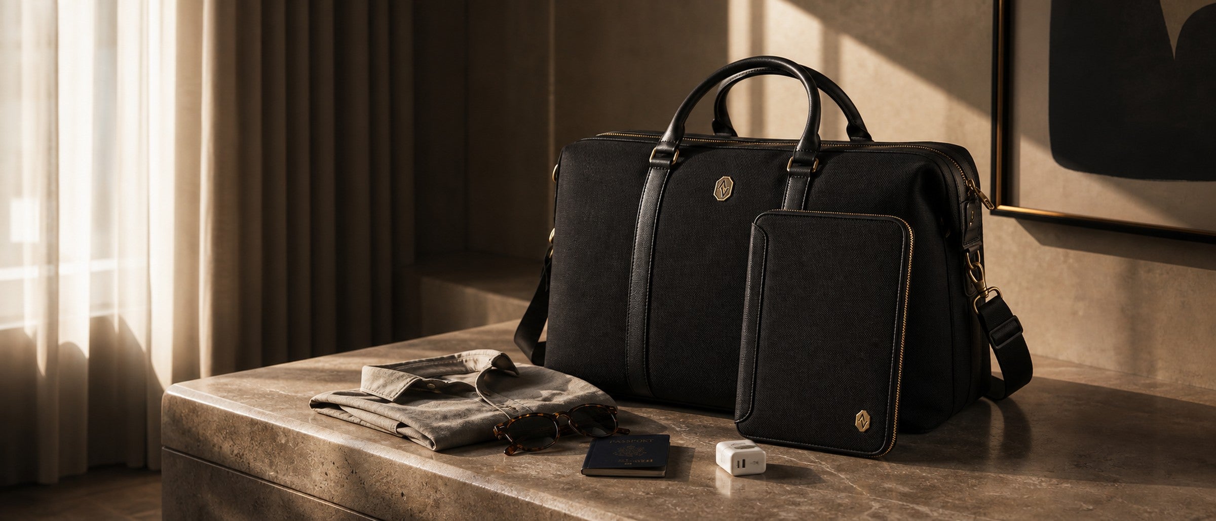 Cinematic travel still life with The Weekender, Tech Folio, folded shirt, passport, and warm morning light.