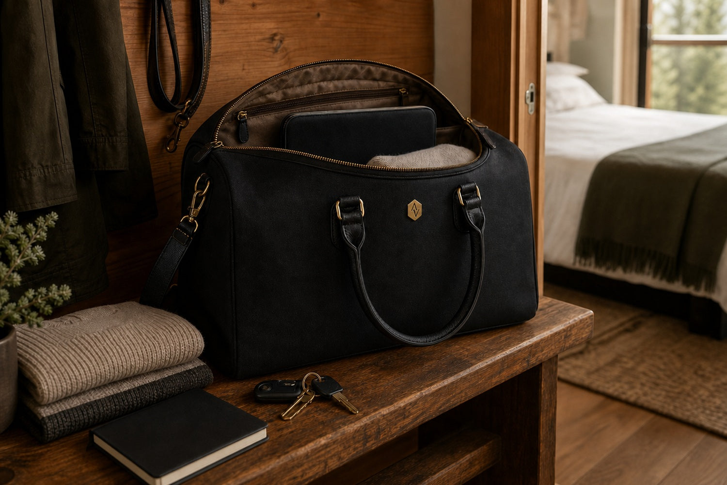 Weekender in a calm guest room entryway with organized travel essentials.