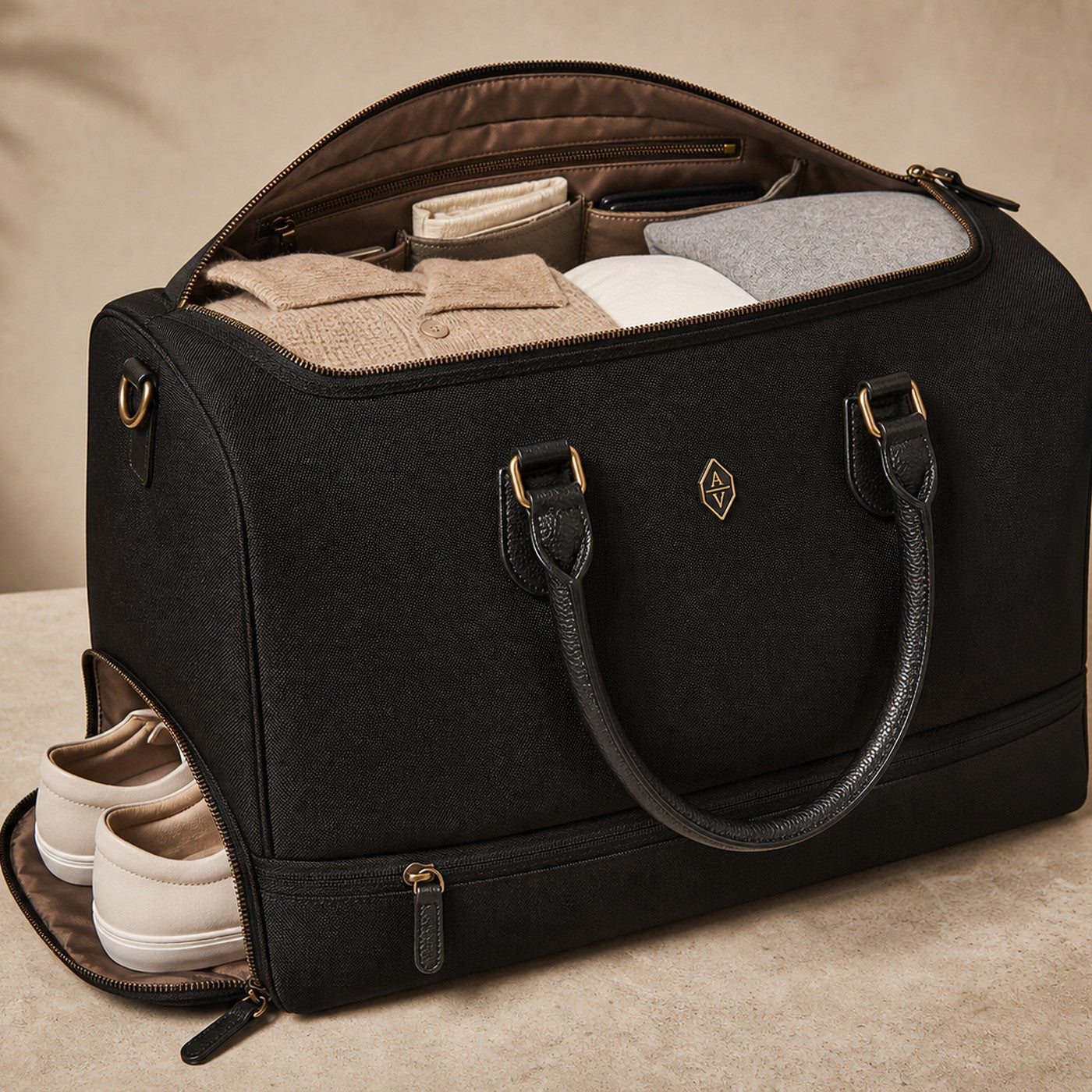The Weekender open to show storage and organization.