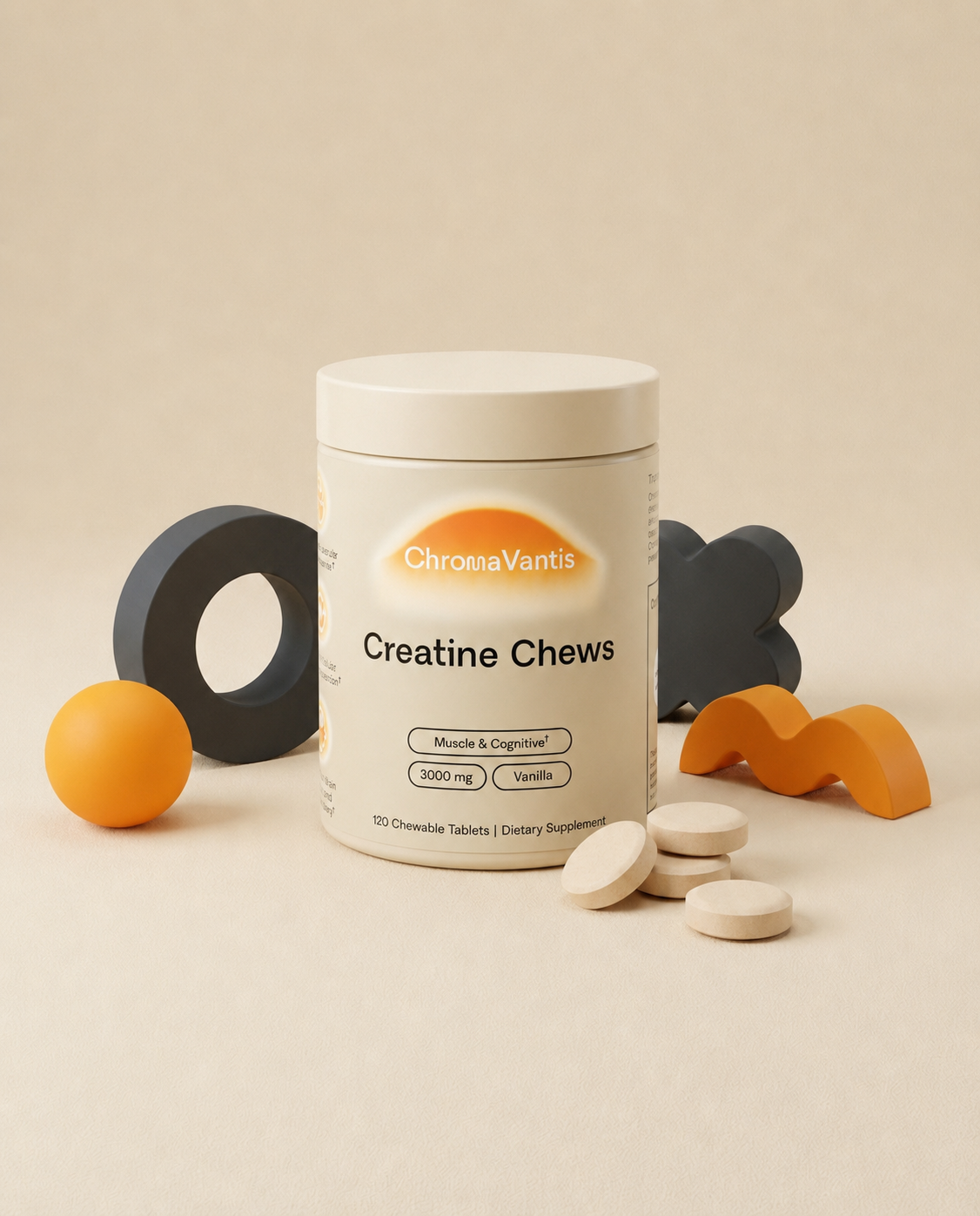 Editorial benefit layout with a small ChromaVantis jar, tablets, and abstract wellness objects.
