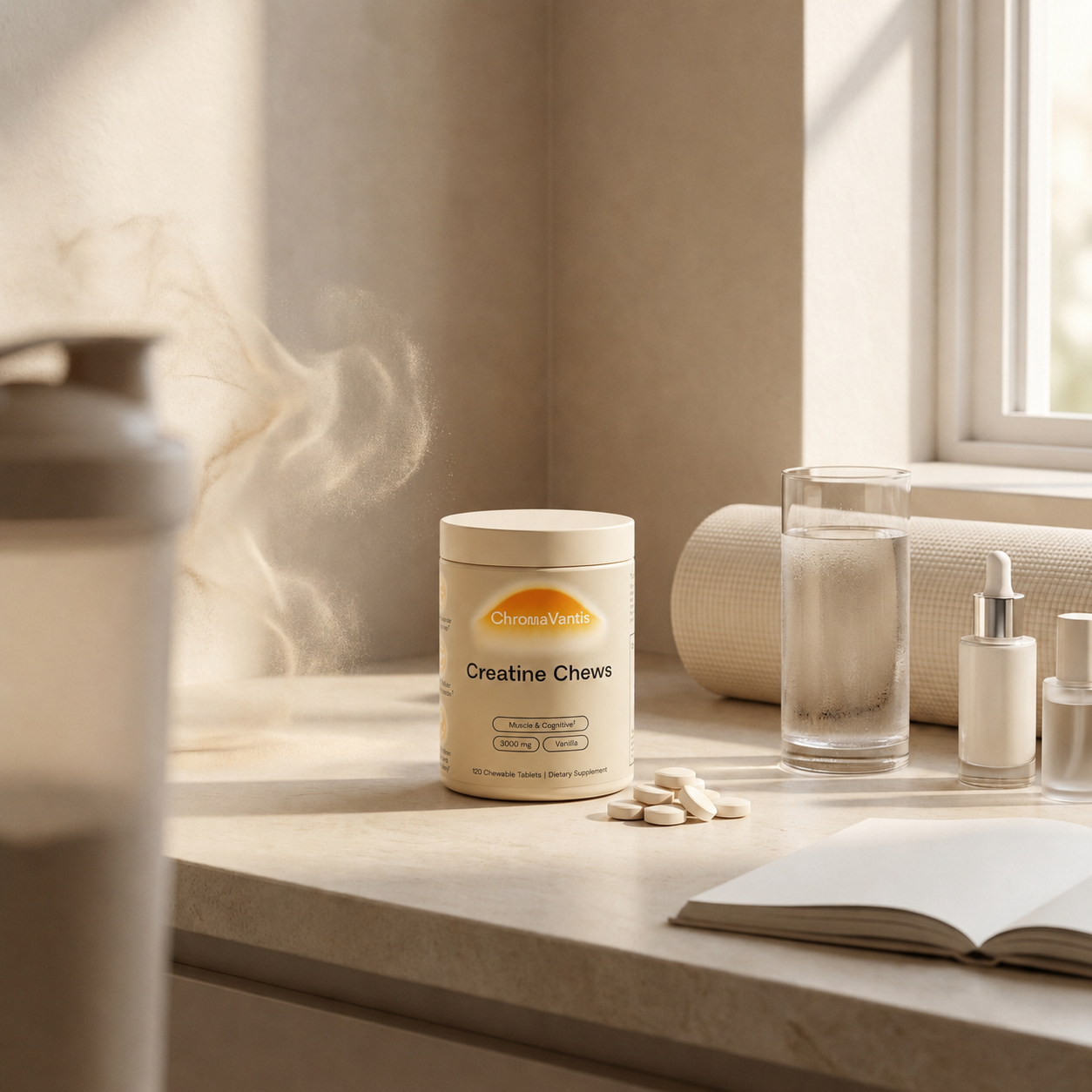 Clean wellness counter scene contrasting powder mess with a small ChromaVantis jar and tablets.