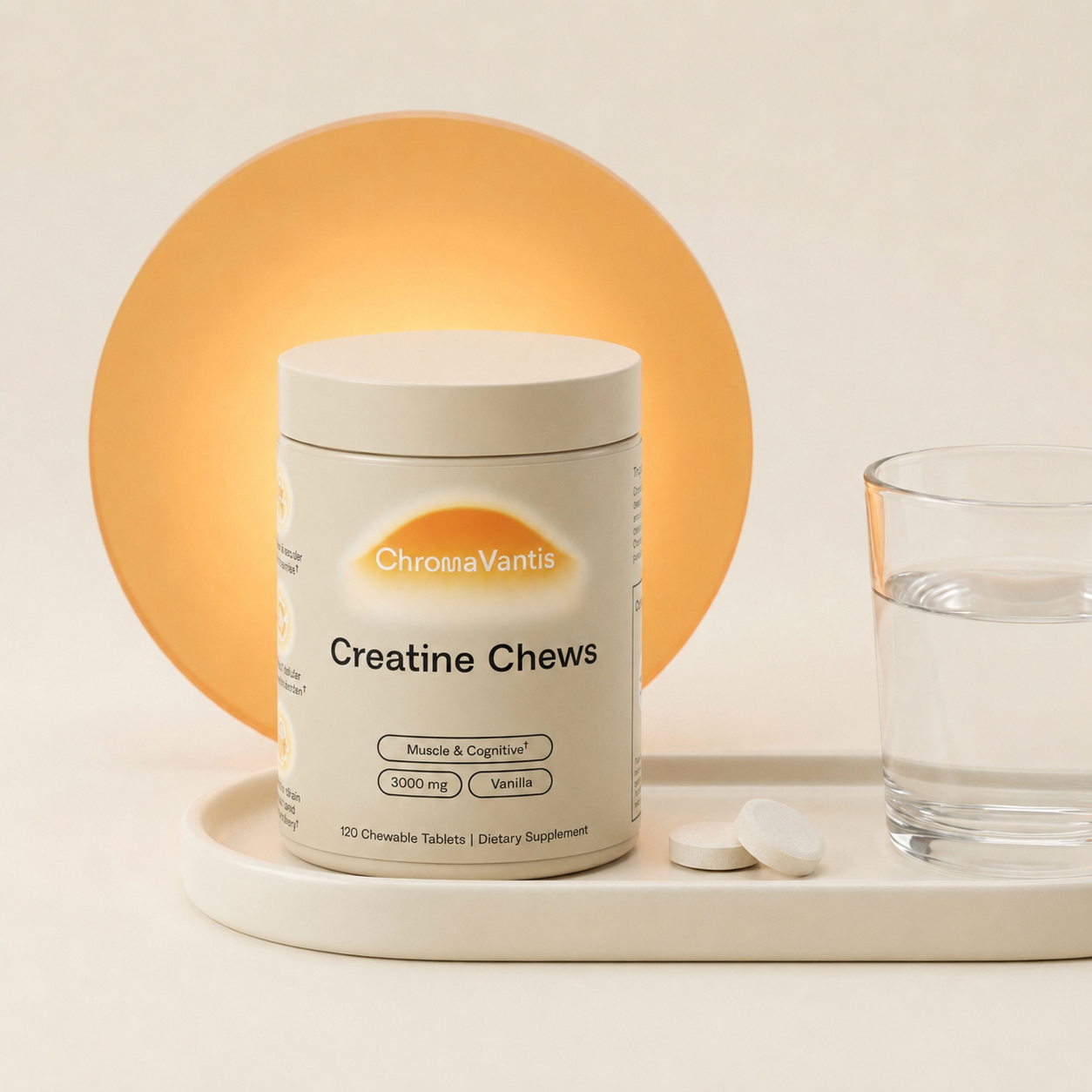 Close-up of a small ChromaVantis jar with two tablets, water, and a wellness tray.