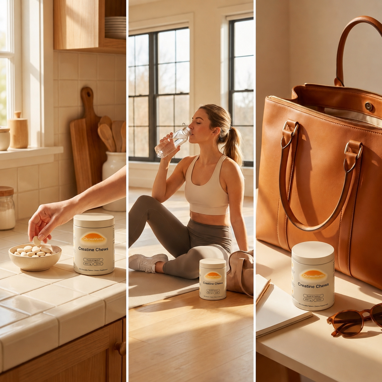 Three-panel daily ritual scene with a morning counter, post-Pilates moment, and tote bag with a small ChromaVantis jar.