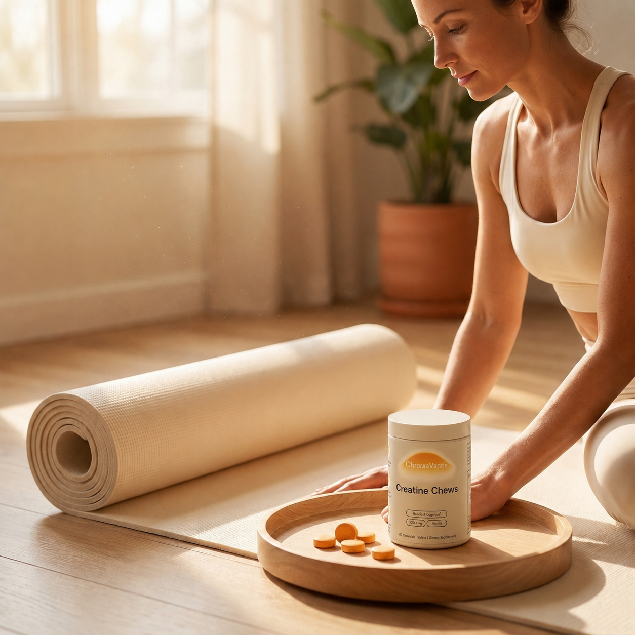 Woman in a warm wellness studio beside a small ChromaVantis creatine chew jar and tablets.