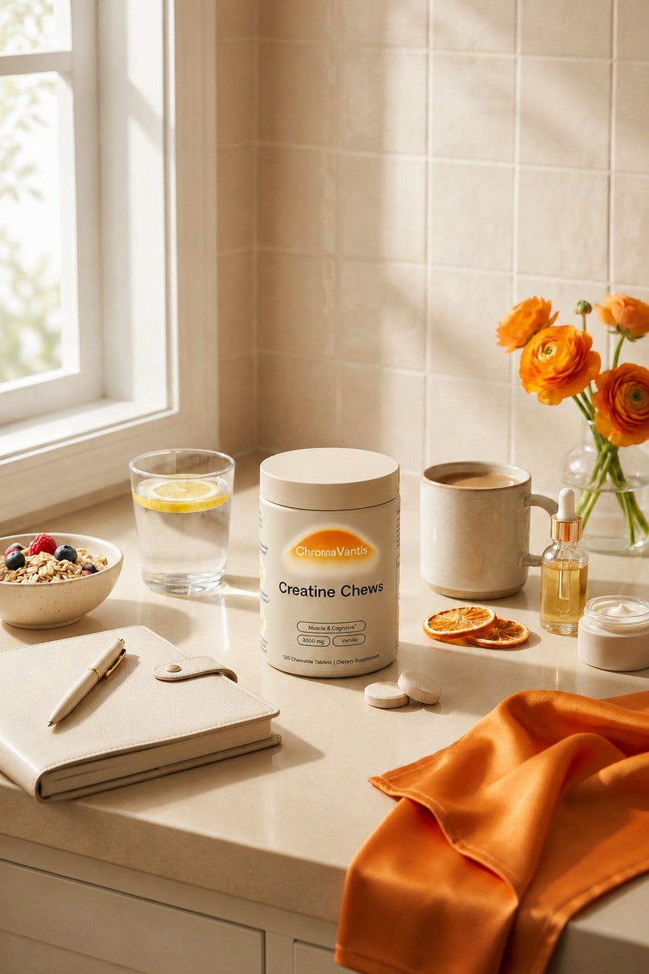 Morning wellness counter with a small ChromaVantis jar, tablets, water, coffee, and journal.