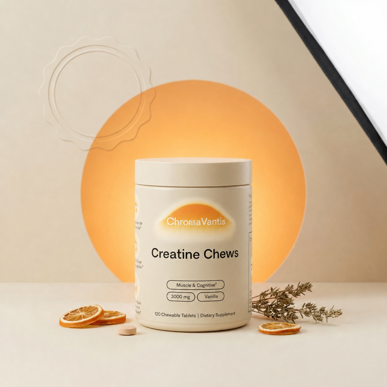 Offer product shot with a small ChromaVantis jar, tablets, and warm orange wellness props.