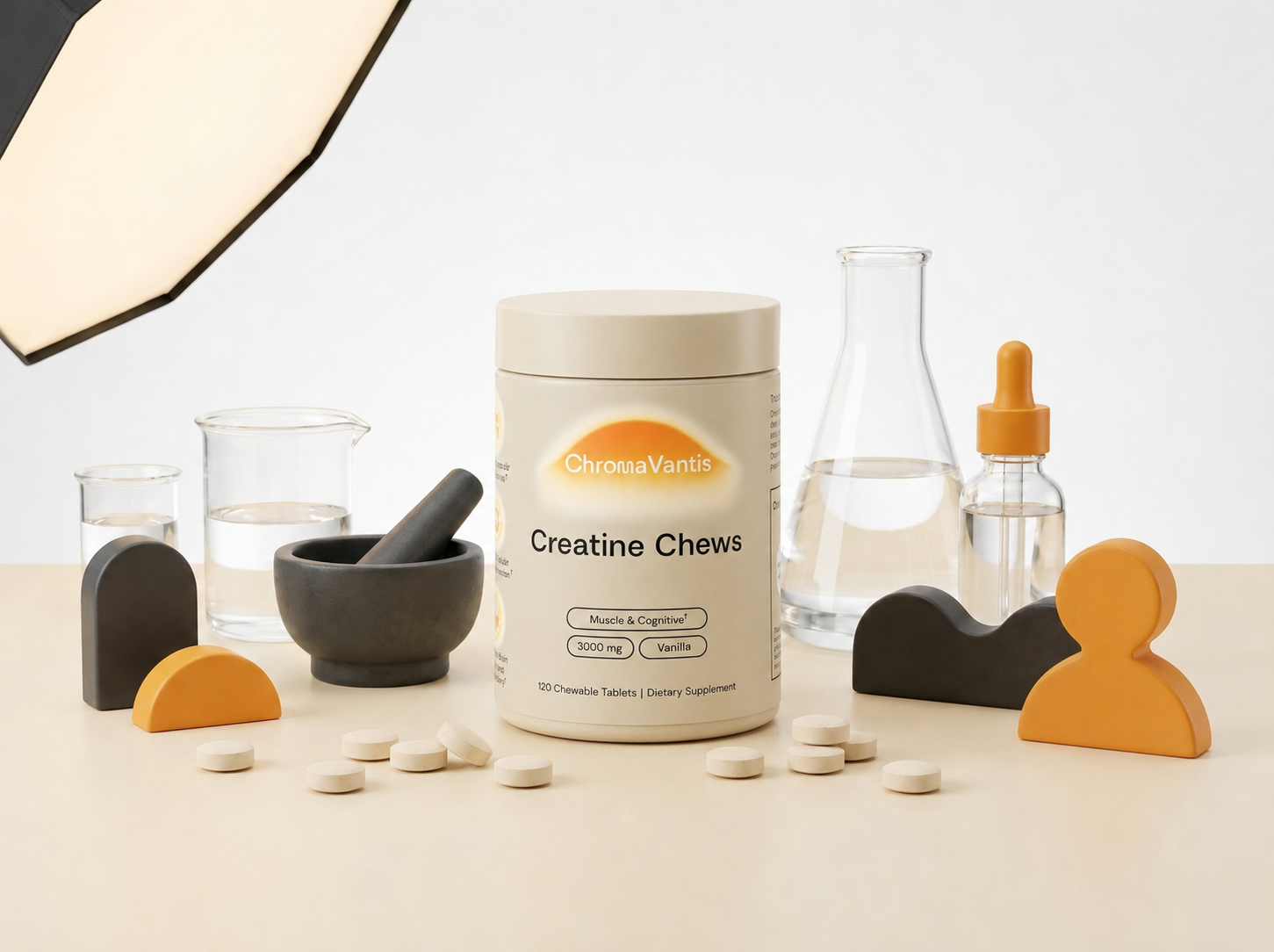 Premium quality scene with a small ChromaVantis jar, tablets, and clean testing-inspired props.
