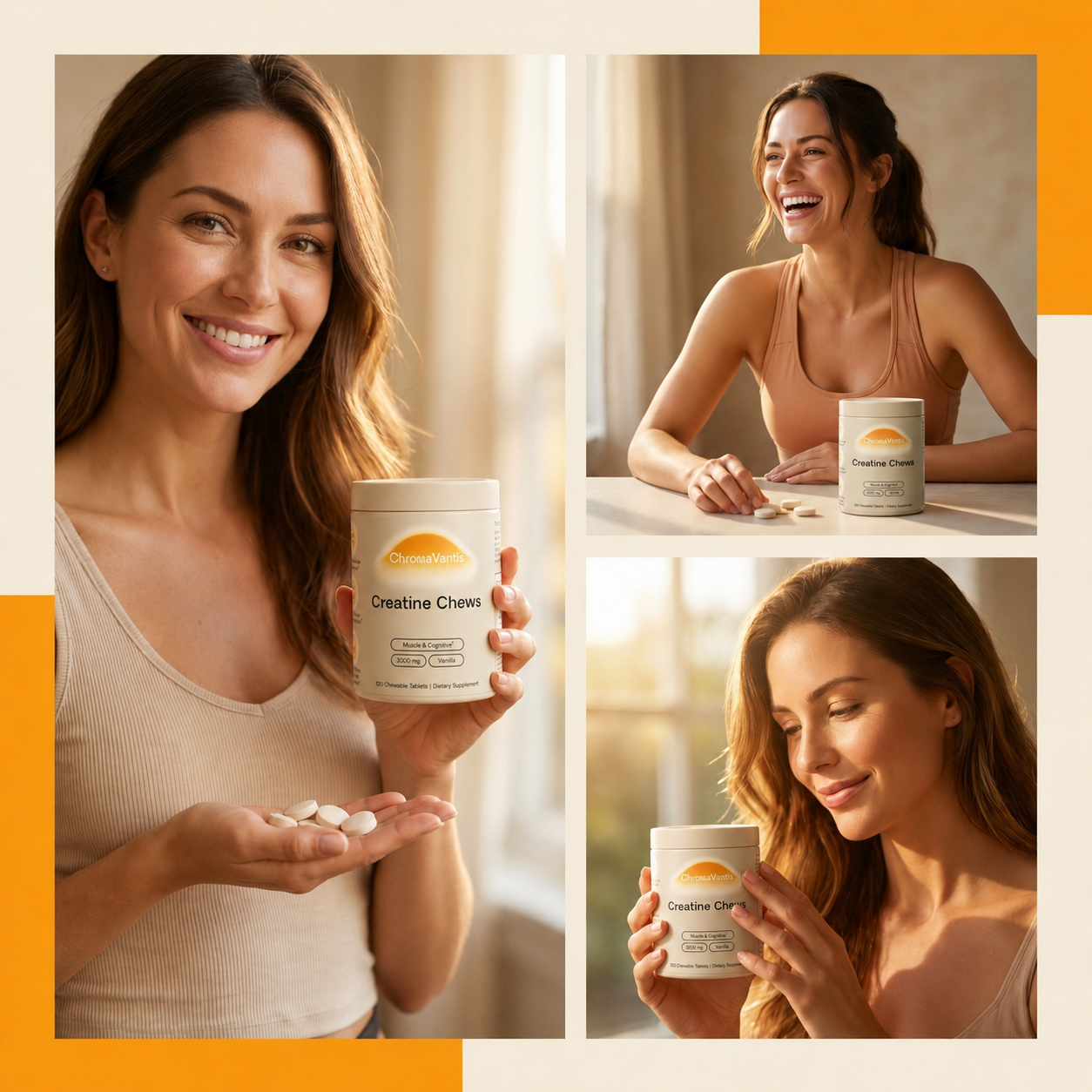 Editorial collage of women in warm wellness settings with a small ChromaVantis jar and tablets.