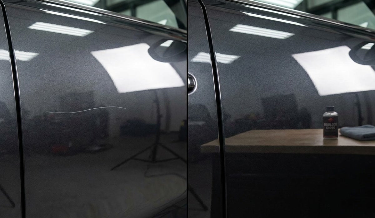 Before and after comparison showing a light scratch improved on a dark car door.