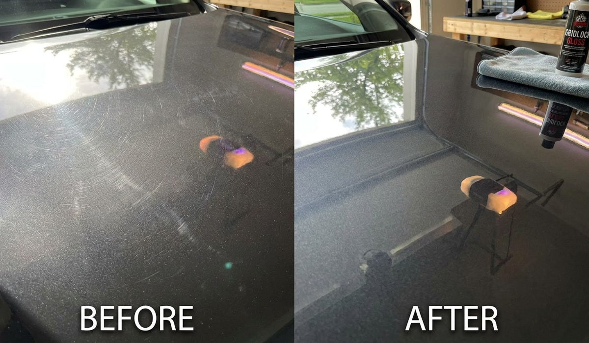 Before and after comparison showing swirl marks reduced on a car hood.