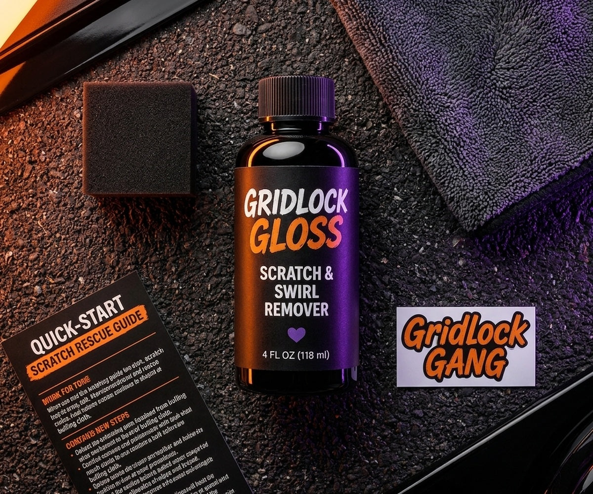 Gridlock Gloss kit flat lay with bottle, applicator, microfiber cloth, guide, and sticker.