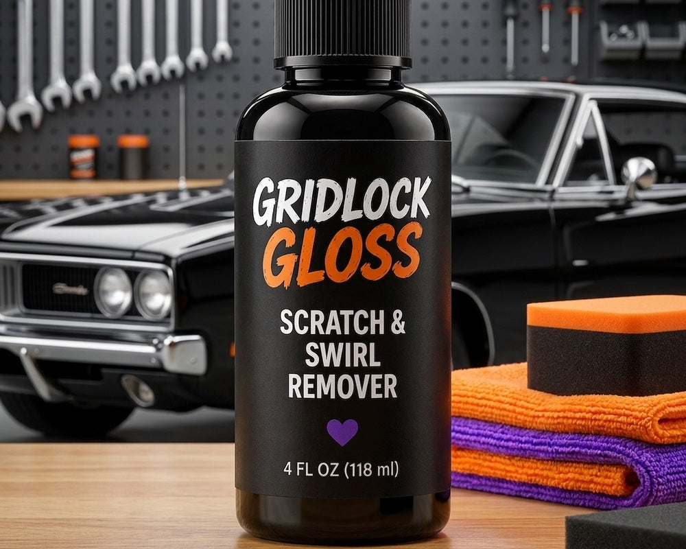 Gridlock Gloss bottle on a garage workbench beside a microfiber cloth and applicator pad.