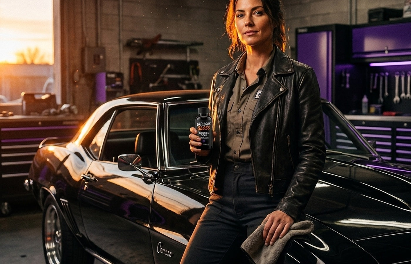 Confident woman standing beside a classic car after a garage detailing project.