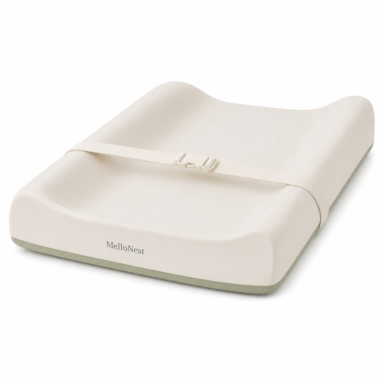 Ivory MelloNest side sleeper support pillow with adjustable keeper strap and sage base.