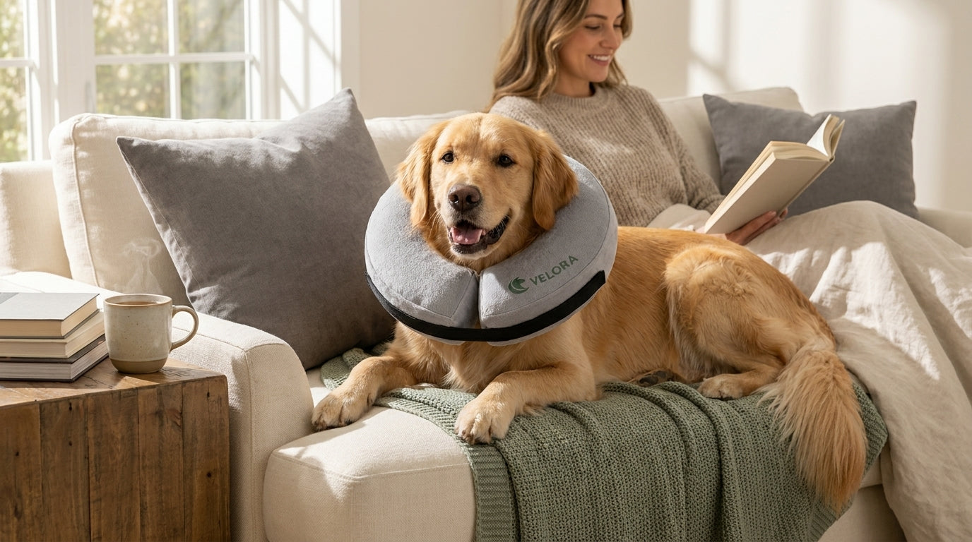 Content dog relaxing with Velora on a sofa while their owner reads nearby