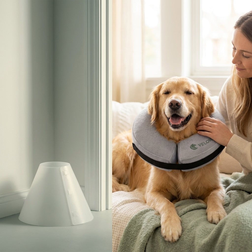 Comparison of a hard cone silhouette and a happy dog relaxing with Velora beside a caring owner