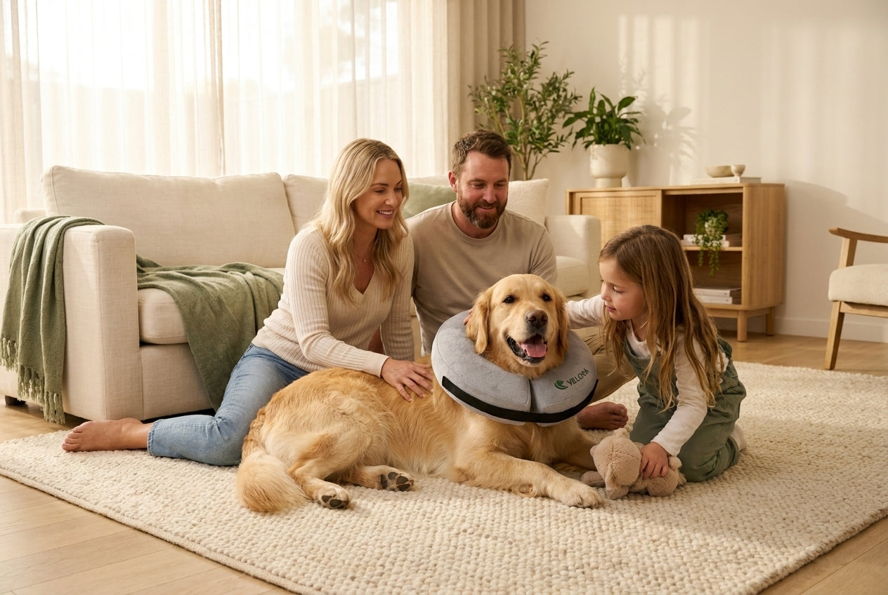 Happy dog wearing Velora while a family sits close and comforts them in a warm home