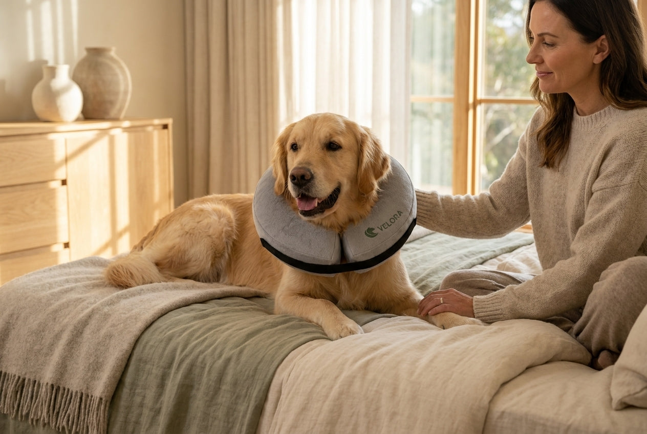 Happy dog resting on soft bedding in a Velora recovery collar while a caring owner sits nearby