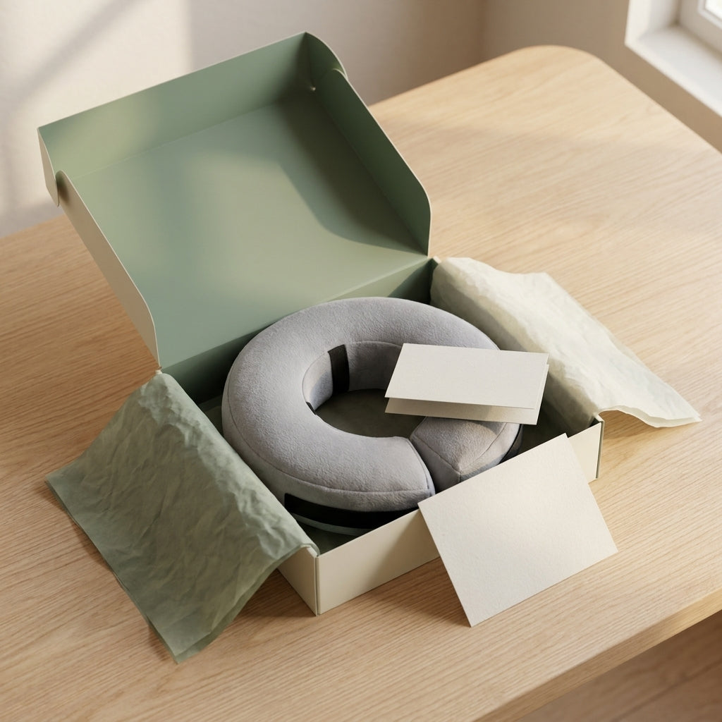 Premium Velora unboxing with gray recovery collar, tissue, and cards in a sage mailer box