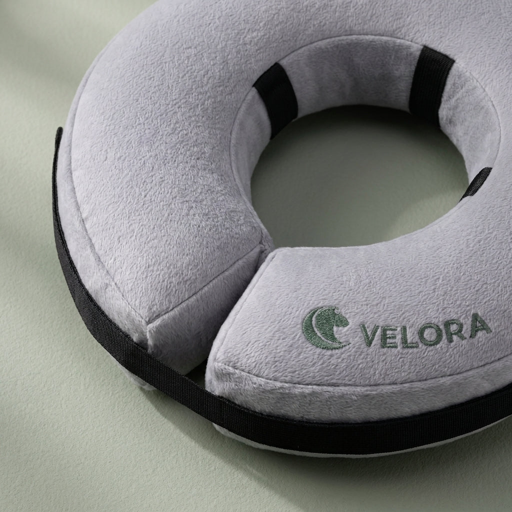 Close-up of Velora's gray plush fabric, rounded shape, black trim, and sage logo