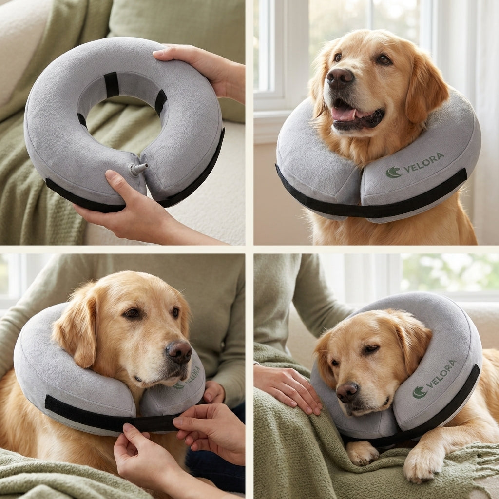 Four image panels showing Velora inflation, fitting, adjustment, and a content dog resting