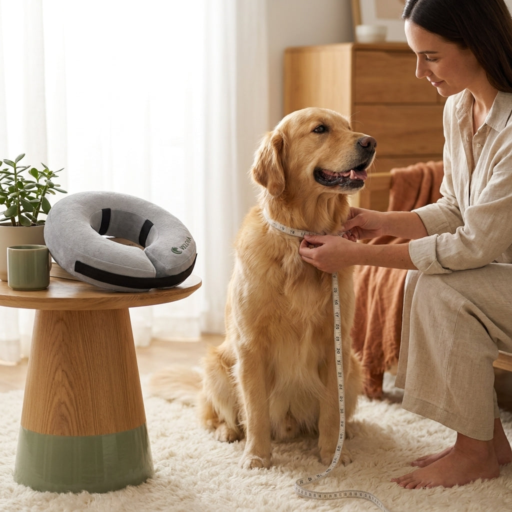 Owner gently measuring a happy dog's neck with Velora nearby in a warm home